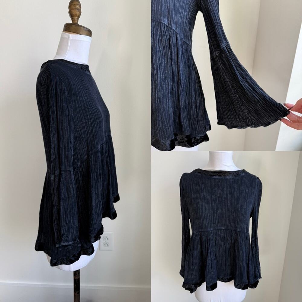 ANTHROPOLOGIE ERI + ALI BLACK FLOWY TOP VELVET TRIM BELL SLEEVES XS